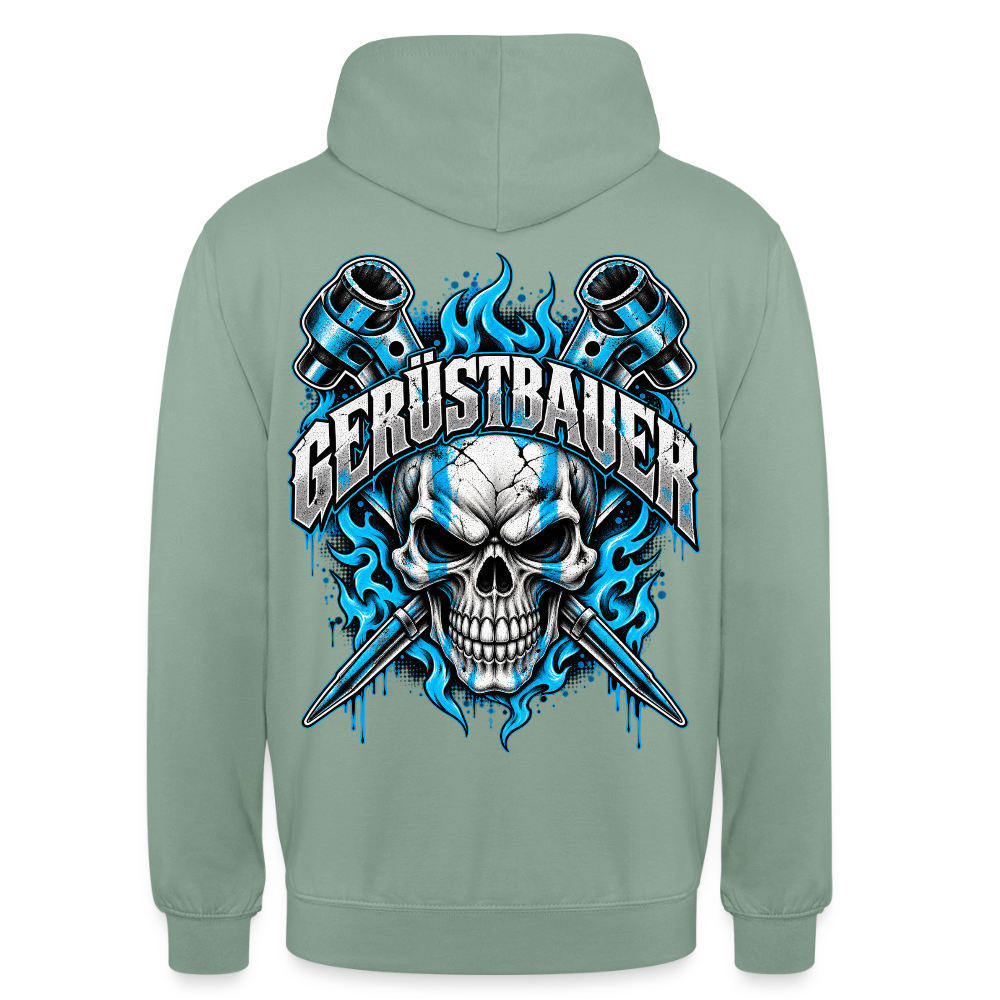 Gerüstbauer Ratsche Flamme – Gerüstbauer Hoodie in Graugrün, Rückendruck: Totenkopf mit gekreuzten Ratschen in blauen Flammen, Schriftzug „Gerüstbauer“