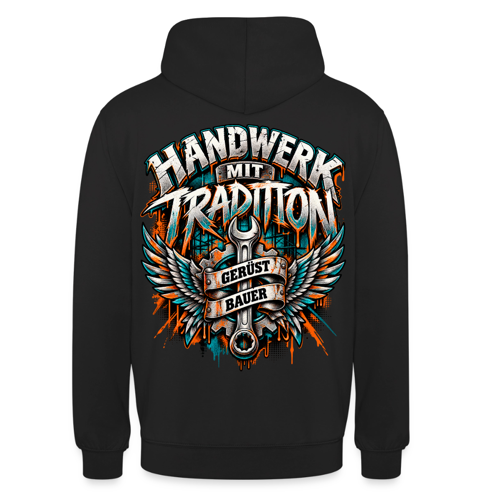 Gerüstbauer Flügel – Gerüstbauer Hoodie in Schwarz, Rückendruck: geflügelter Ringschlüssel mit Zahnrad, Banner „Gerüst Bauer“, Schriftzug „Handwerk mit Tradition“