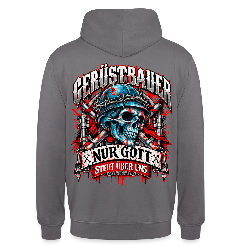 Gerüstbauer Nur Gott steht über uns – Gerüstbauer Hoodie in Mittelgrau, Rückendruck: Totenkopf mit blauem Helm und Stacheldraht vor gekreuzten Ratschen, Banner „Nur Gott steht über uns“