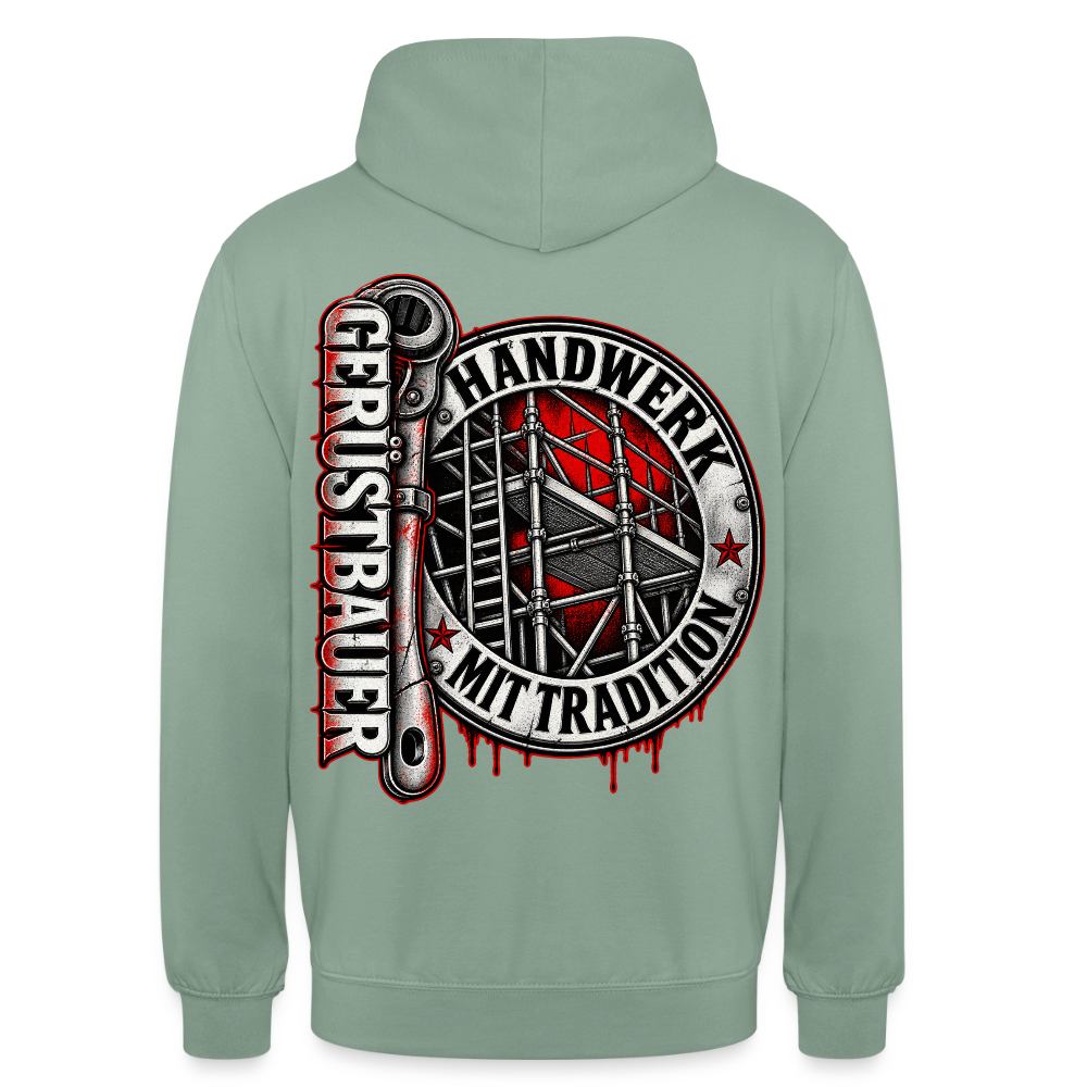 Gerüstbauer Ratsche Badge – Gerüstbauer Hoodie in Graugrün, Rückendruck: rundes Gerüst-Abzeichen „Handwerk mit Tradition“ und große Ratsche mit Schriftzug „Gerüstbauer“