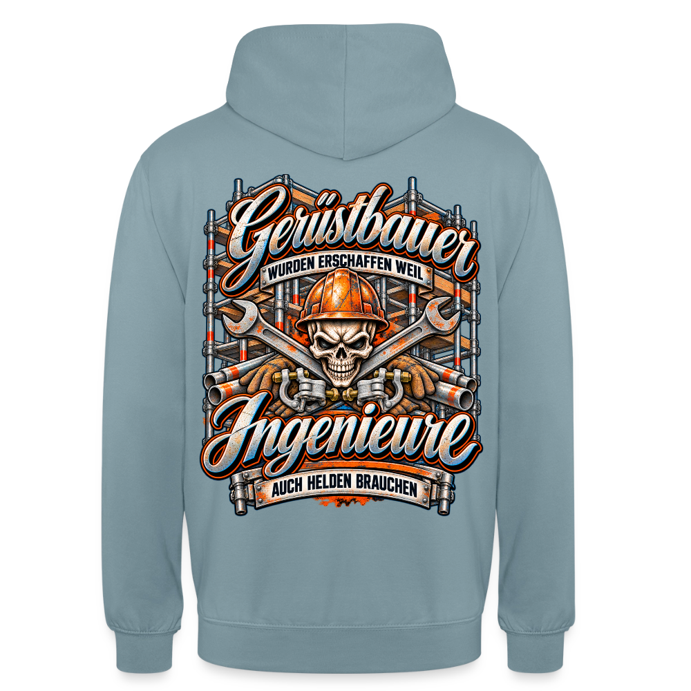 Gerüstbauer und Ingenieure – Gerüstbauer Hoodie in Nebelblau, Rückendruck: Totenkopf mit Helm vor gekreuzten Schlüsseln, Spruch „Gerüstbauer wurden erschaffen, weil Ingenieure auch Helden brauchen“