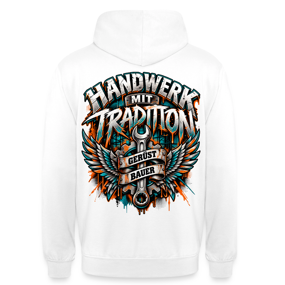 Gerüstbauer Flügel – Gerüstbauer Hoodie in Weiß, Rückendruck: geflügelter Ringschlüssel mit Zahnrad, Banner „Gerüst Bauer“, Schriftzug „Handwerk mit Tradition“