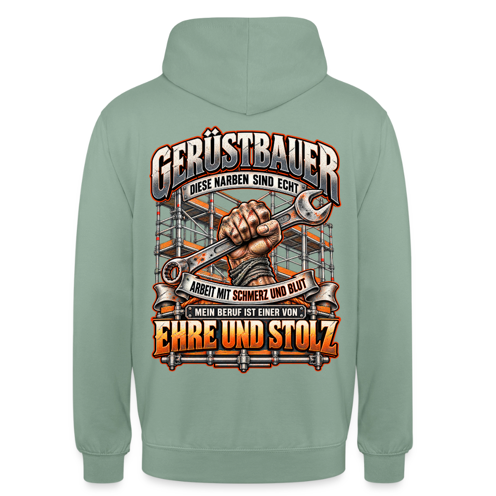 Gerüstbauer – Gerüstbauer Hoodie in Graugrün, Rückendruck: Faust mit Ringschlüssel vor Gerüst, Spruch „Diese Narben sind echt – Ehre und Stolz“