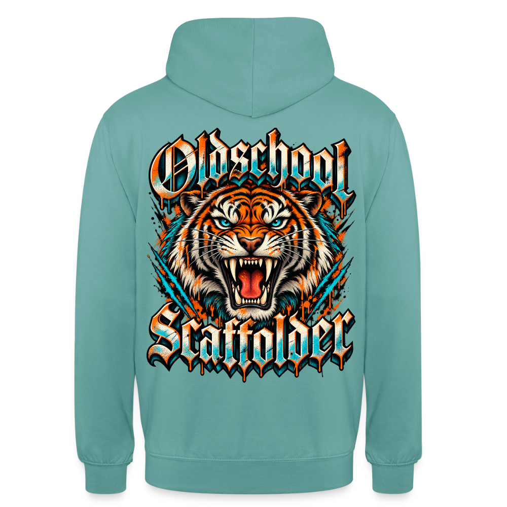 Oldschool Scaffolder – Gerüstbauer Hoodie in Pastelltürkis, Rückendruck: brüllender Tiger, Frakturschrift „Oldschool Scaffolder“
