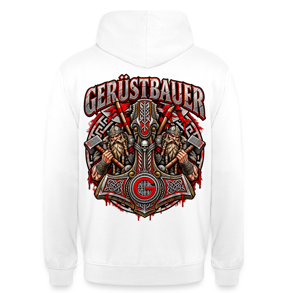 Gerüstbauer Thors Hammer – Gerüstbauer Hoodie in Weiß, Rückendruck: Thors Hammer mit G-Zunftzeichen und zwei Wikingern, Schriftzug „Gerüstbauer“