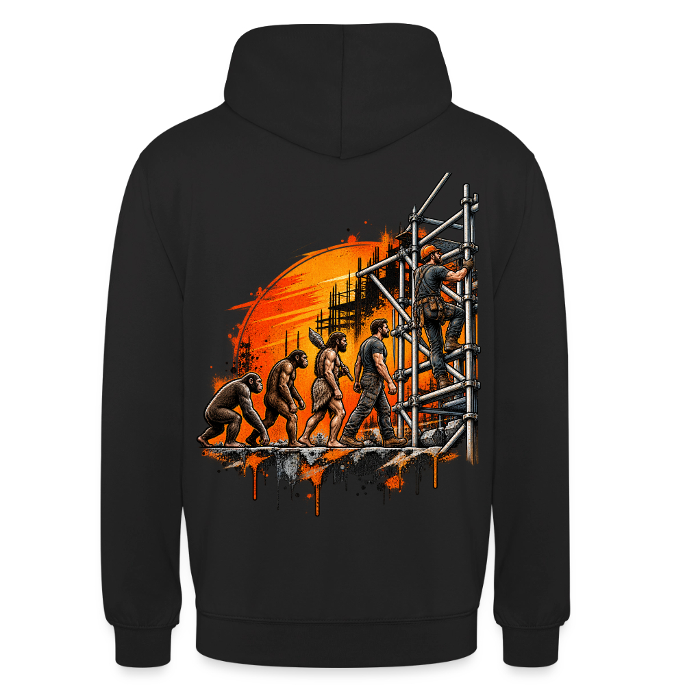 Gerüstbauer Evolution – Gerüstbauer Hoodie in Schwarz, Rückendruck: Evolution vom Affen zum Gerüstbauer, der das Gerüst hochklettert, vor orangem Sonnenuntergang