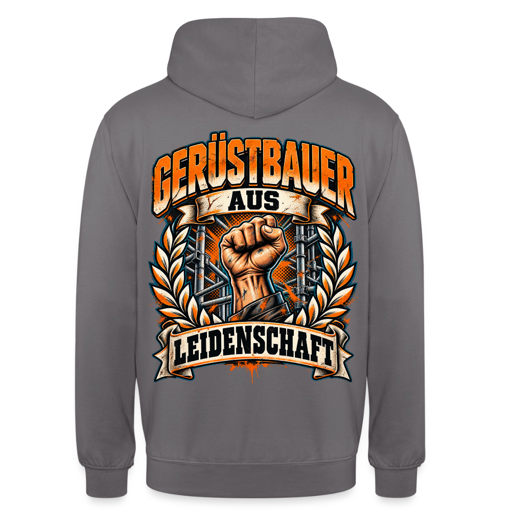 Gerüstbauer aus Leidenschaft – Gerüstbauer Hoodie in Mittelgrau, Rückendruck: geballte Faust im Lorbeerkranz vor Gerüst, Schriftzug „Gerüstbauer aus Leidenschaft“