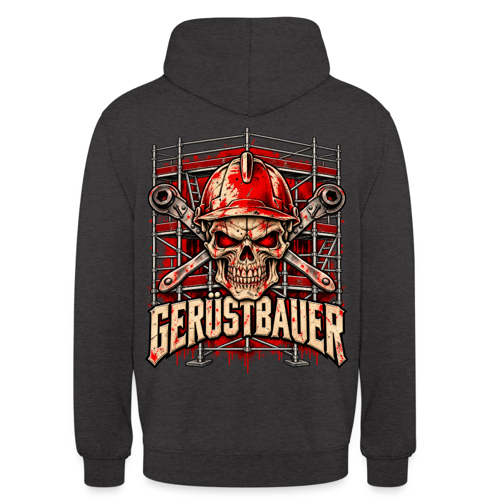 Gerüstbauer – Gerüstbauer Hoodie in Anthrazit, Rückendruck: Totenkopf mit rotem Schutzhelm vor gekreuzten Ringschlüsseln und Gerüst, Schriftzug „Gerüstbauer“