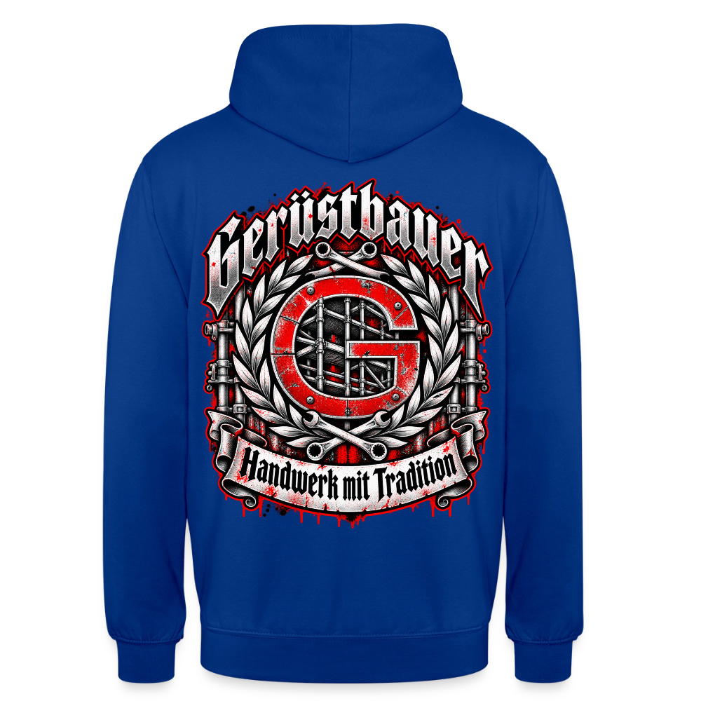 Gerüstbauer Zunft Wappen – Gerüstbauer Hoodie in Royalblau, Rückendruck: rotes G-Zunftwappen mit Gerüst im Lorbeerkranz, Frakturschrift „Gerüstbauer“, Banner „Handwerk mit Tradition“