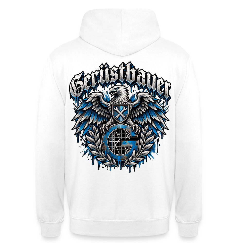 Gerüstbauer Adler Zunftwappen – Gerüstbauer Hoodie in Weiß, Rückendruck: Adler mit Wappenschild über blauem G-Zunftzeichen und Lorbeerkranz, Frakturschrift „Gerüstbauer“