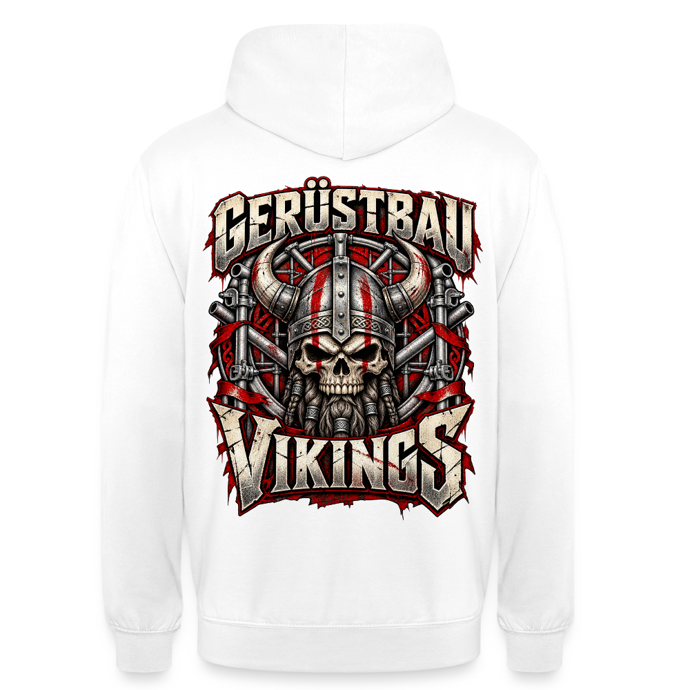 Gerüstbau Vikings – Gerüstbauer Hoodie in Weiß, Rückendruck: Wikinger-Totenkopf mit Hörnerhelm vor Gerüst, Schriftzug „Gerüstbau Vikings“