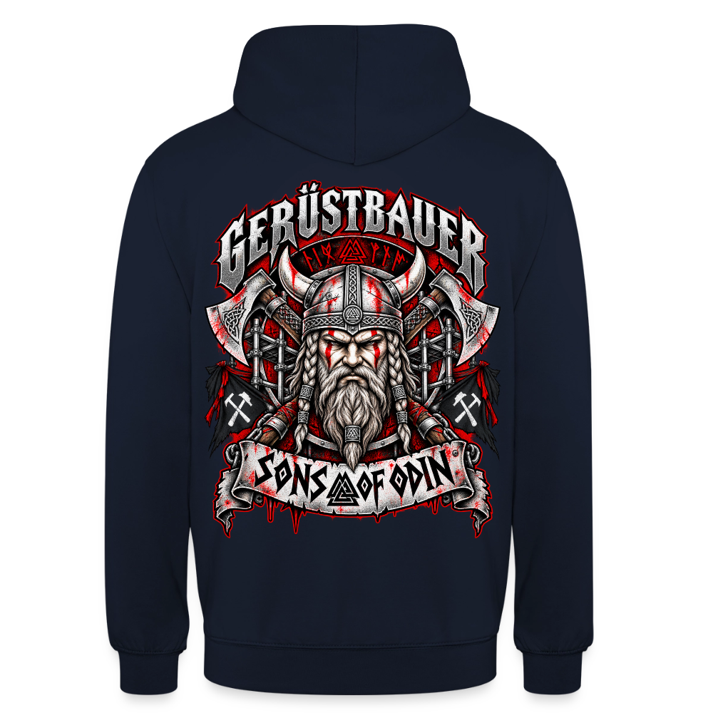 Gerüstbauer Viking – Gerüstbauer Hoodie in Navy, Rückendruck: Wikinger-Krieger mit Hörnerhelm und Äxten, Banner „Sons of Odin“