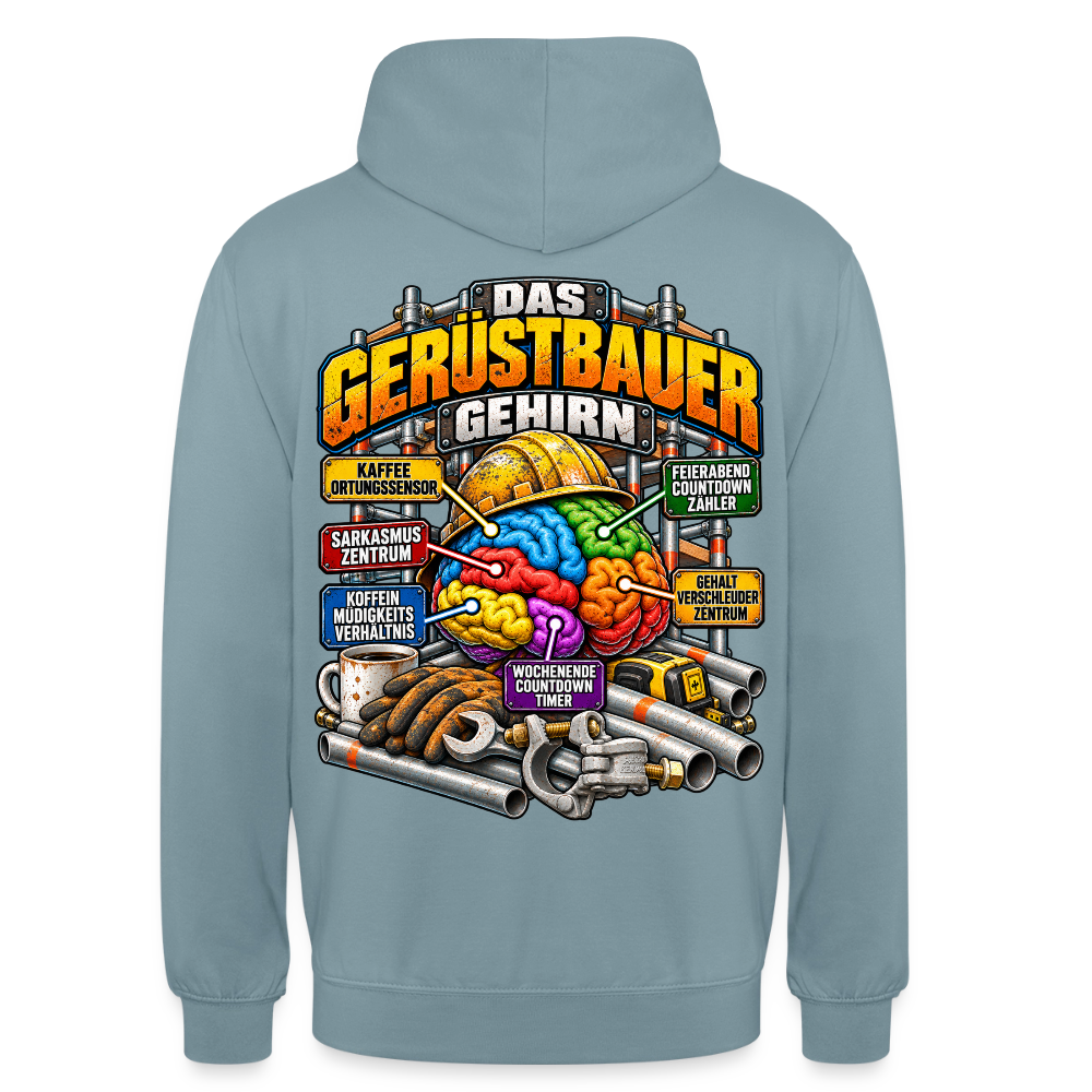 Das Gerüstbauer Gehirn – Gerüstbauer Hoodie in Nebelblau, Rückendruck: buntes Gehirn mit Helm und Beschriftungen wie „Kaffee-Ortungssensor“ und „Sarkasmus-Zentrum“, Schriftzug „Das Gerüstbauer Gehirn“