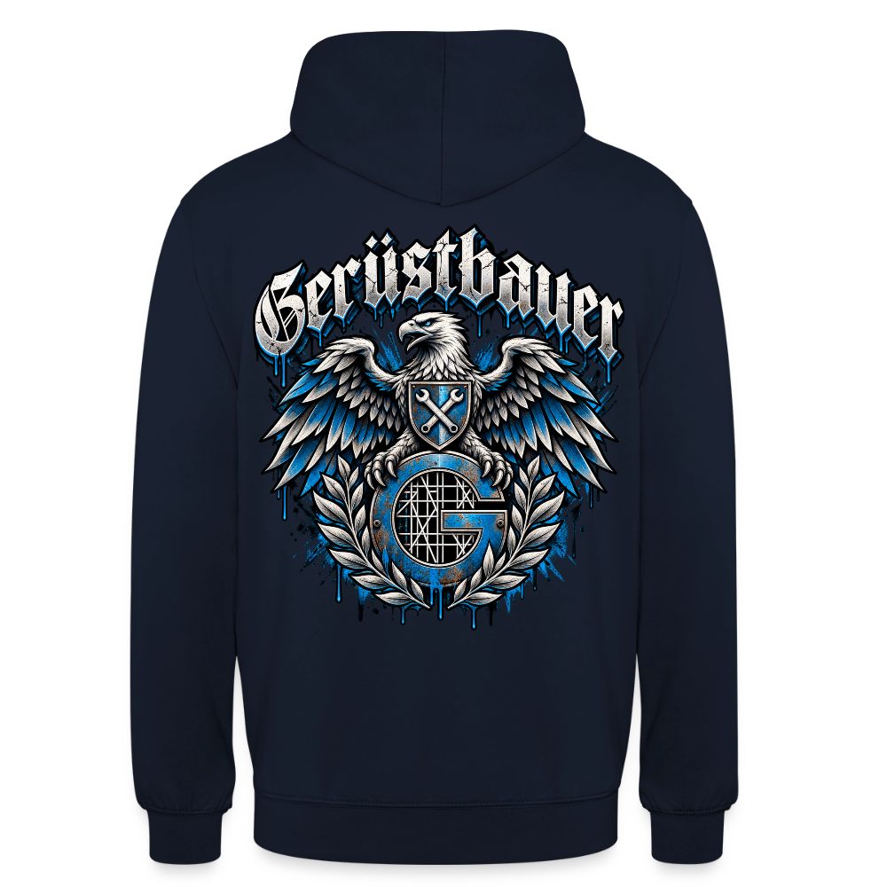 Gerüstbauer Adler Zunftwappen – Gerüstbauer Hoodie in Navy, Rückendruck: Adler mit Wappenschild über blauem G-Zunftzeichen und Lorbeerkranz, Frakturschrift „Gerüstbauer“