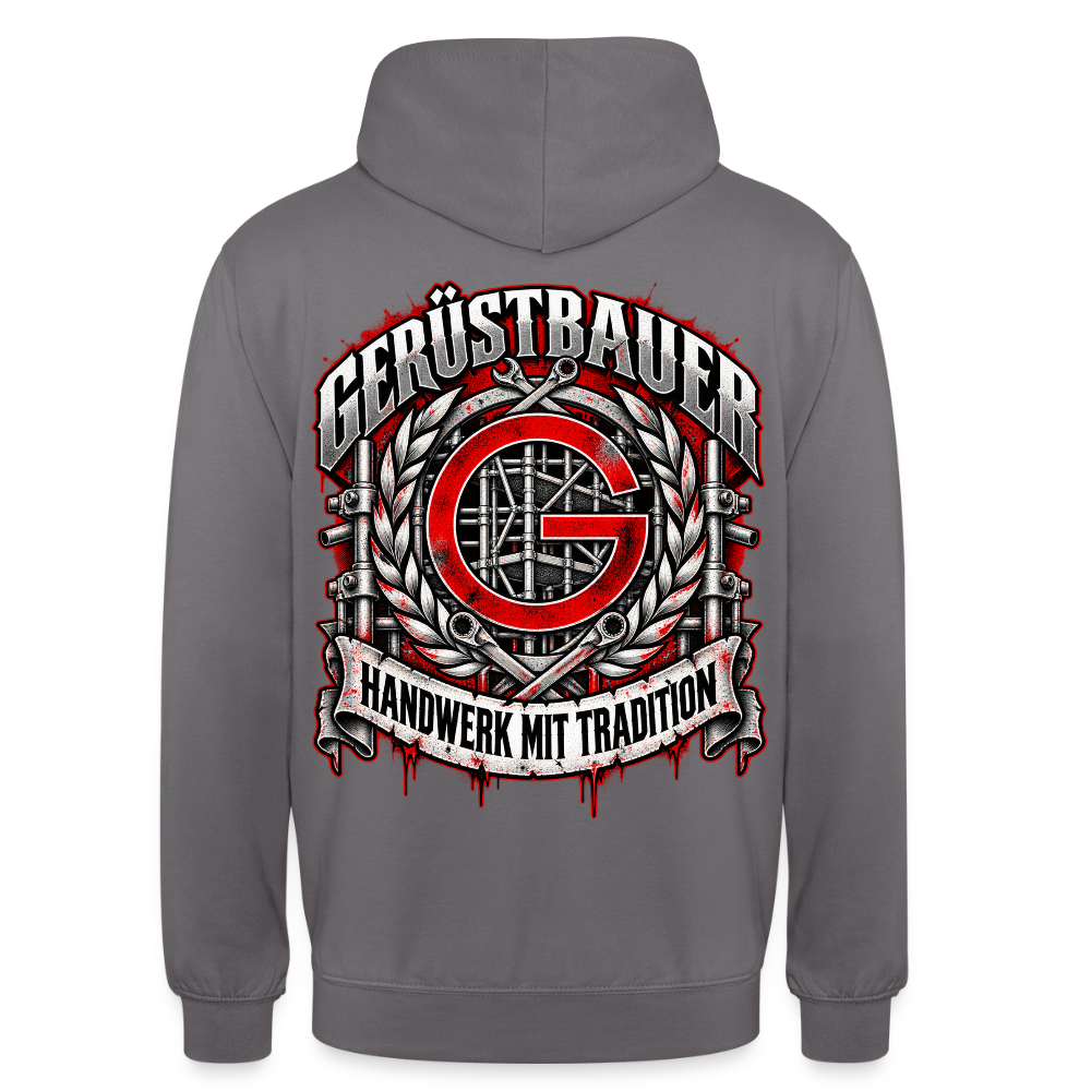 Gerüstbauer Zunftzeichen – Gerüstbauer Hoodie in Mittelgrau, Rückendruck: rotes G-Zunftzeichen mit Gerüst, Lorbeerkranz, Ratschen und Banner „Handwerk mit Tradition“