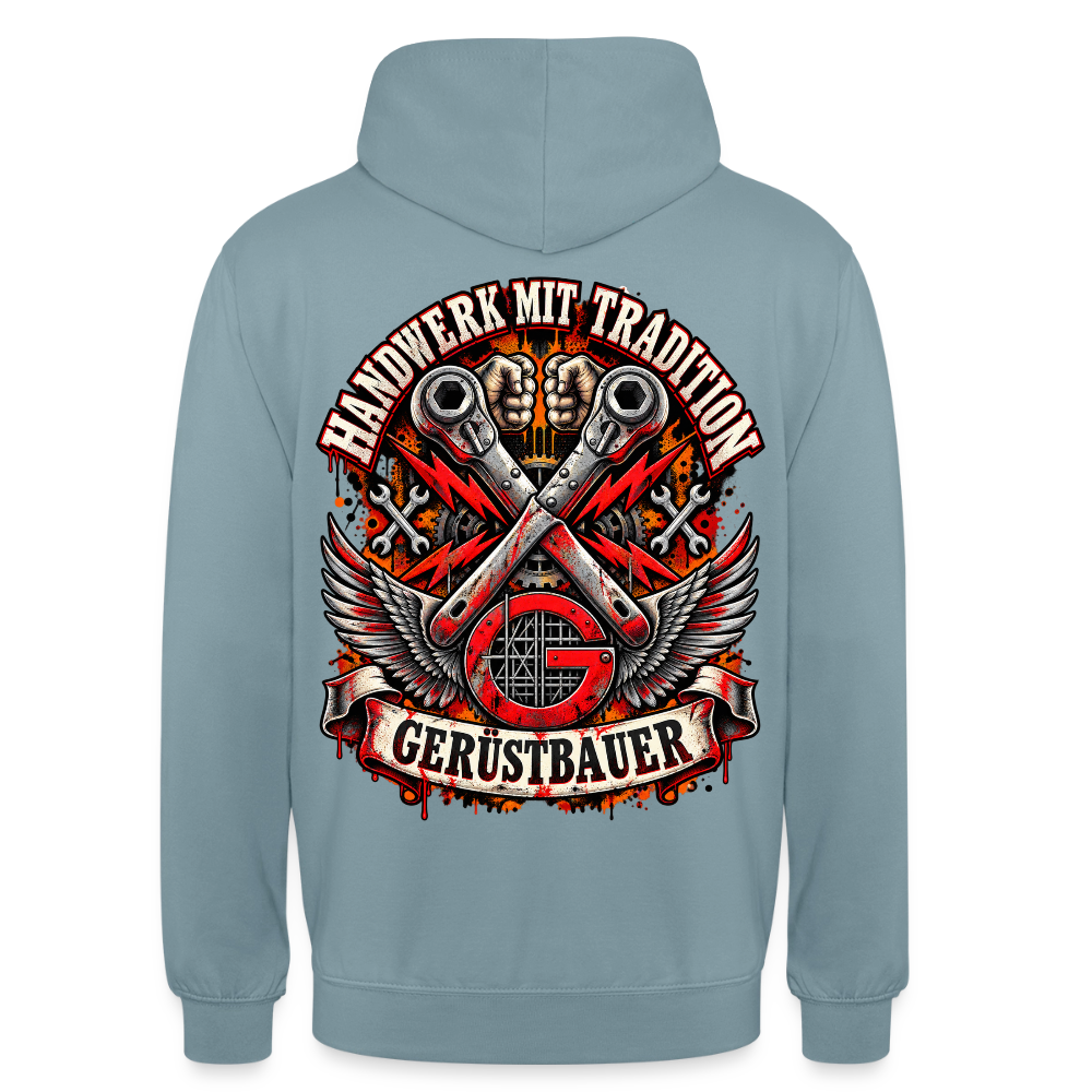 Gerüstbauer Handwerk mit Tradition – Gerüstbauer Hoodie in Nebelblau, Rückendruck: gekreuzte Ratschen mit Flügeln über rotem G-Zunftzeichen, Schriftzug „Handwerk mit Tradition“ und Banner „Gerüstbauer“