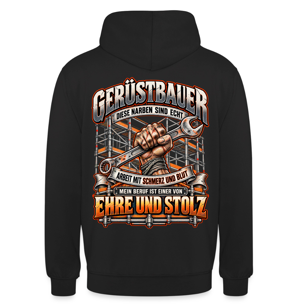 Gerüstbauer – Gerüstbauer Hoodie in Schwarz, Rückendruck: Faust mit Ringschlüssel vor Gerüst, Spruch „Diese Narben sind echt – Ehre und Stolz“