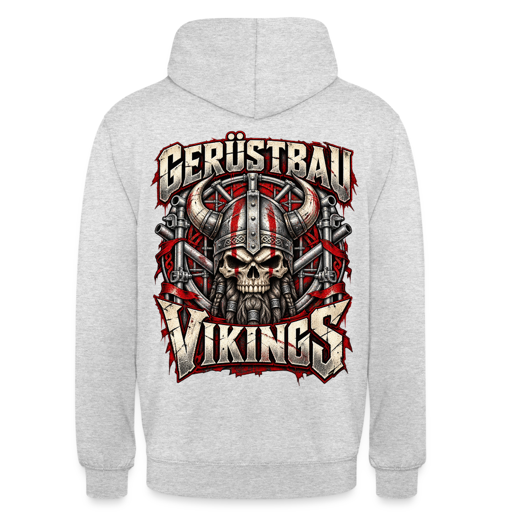 Gerüstbau Vikings – Gerüstbauer Hoodie in Hellgrau meliert, Rückendruck: Wikinger-Totenkopf mit Hörnerhelm vor Gerüst, Schriftzug „Gerüstbau Vikings“