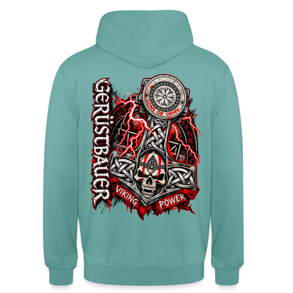 Gerüstbau Viking – Gerüstbauer Hoodie in Pastelltürkis, Rückendruck: Thors Hammer mit Totenkopf, Blitzen und Schriftzug „Viking Power“