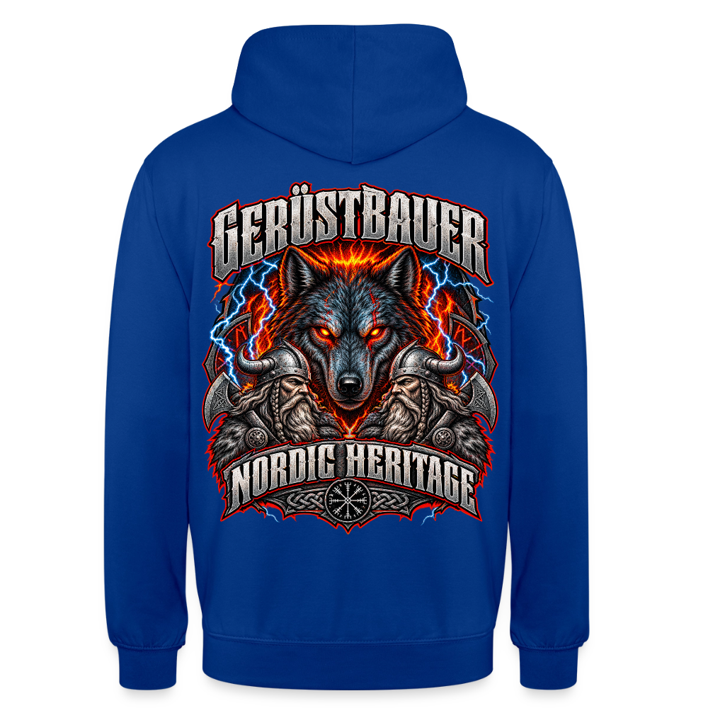Gerüstbauer Nordic Heritage – Gerüstbauer Hoodie in Royalblau, Rückendruck: Wolf mit glühenden Augen, Blitze, zwei Wikinger und Schriftzug „Nordic Heritage“