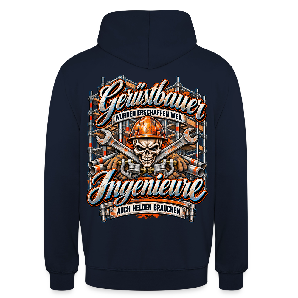 Gerüstbauer und Ingenieure – Gerüstbauer Hoodie in Navy, Rückendruck: Totenkopf mit Helm vor gekreuzten Schlüsseln, Spruch „Gerüstbauer wurden erschaffen, weil Ingenieure auch Helden brauchen“