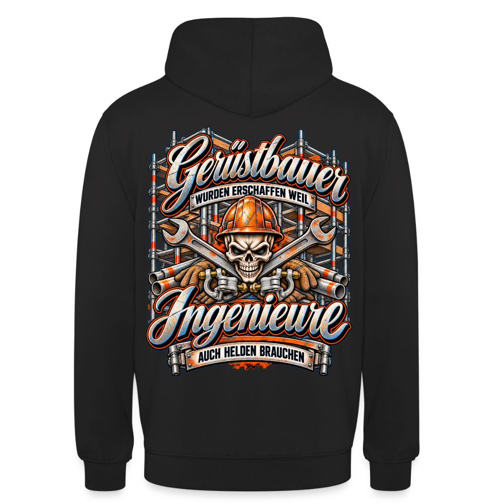 Gerüstbauer und Ingenieure – Gerüstbauer Hoodie in Schwarz, Rückendruck: Totenkopf mit Helm vor gekreuzten Schlüsseln, Spruch „Gerüstbauer wurden erschaffen, weil Ingenieure auch Helden brauchen“