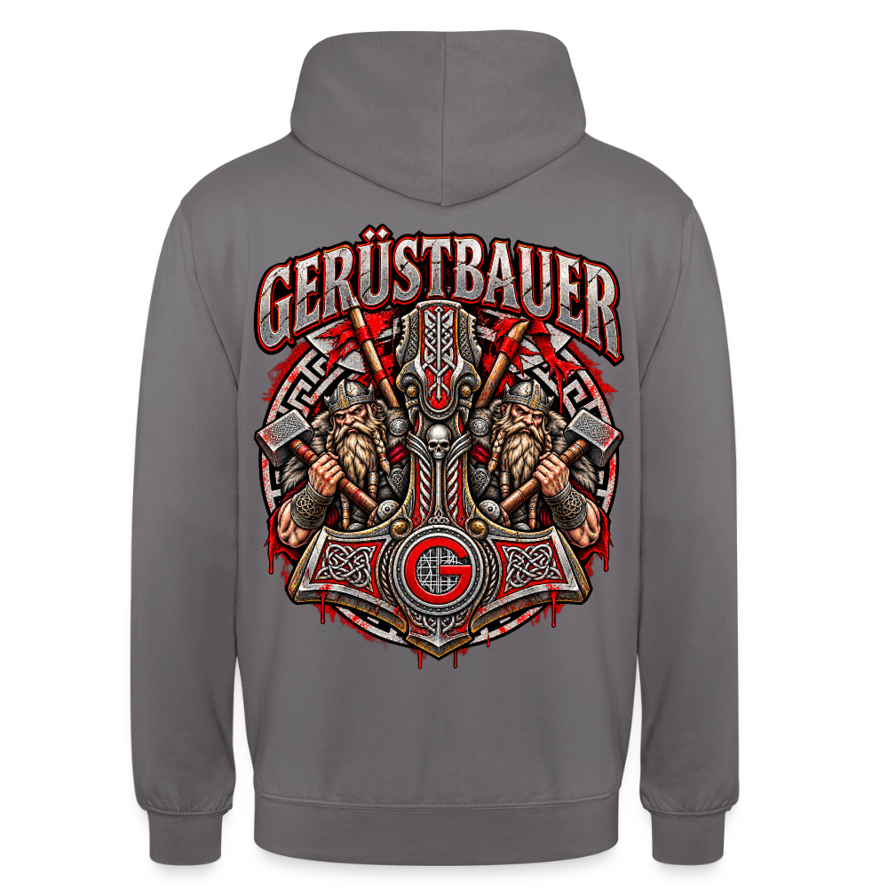 Gerüstbauer Thors Hammer – Gerüstbauer Hoodie in Mittelgrau, Rückendruck: Thors Hammer mit G-Zunftzeichen und zwei Wikingern, Schriftzug „Gerüstbauer“