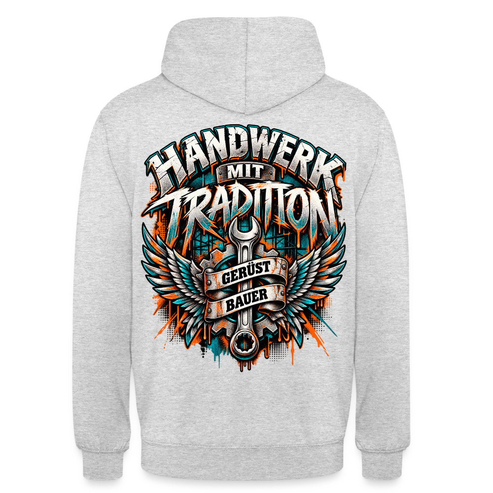 Gerüstbauer Flügel – Gerüstbauer Hoodie in Hellgrau meliert, Rückendruck: geflügelter Ringschlüssel mit Zahnrad, Banner „Gerüst Bauer“, Schriftzug „Handwerk mit Tradition“
