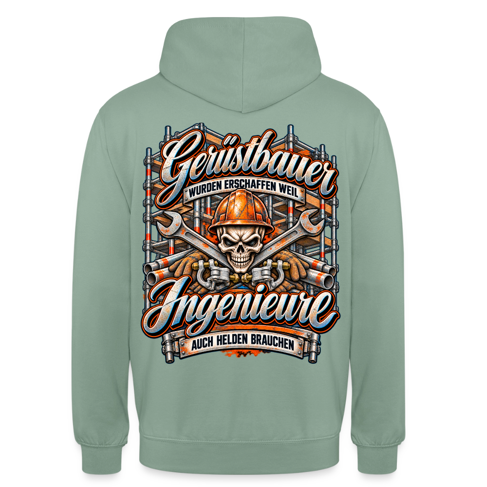 Gerüstbauer und Ingenieure – Gerüstbauer Hoodie in Graugrün, Rückendruck: Totenkopf mit Helm vor gekreuzten Schlüsseln, Spruch „Gerüstbauer wurden erschaffen, weil Ingenieure auch Helden brauchen“