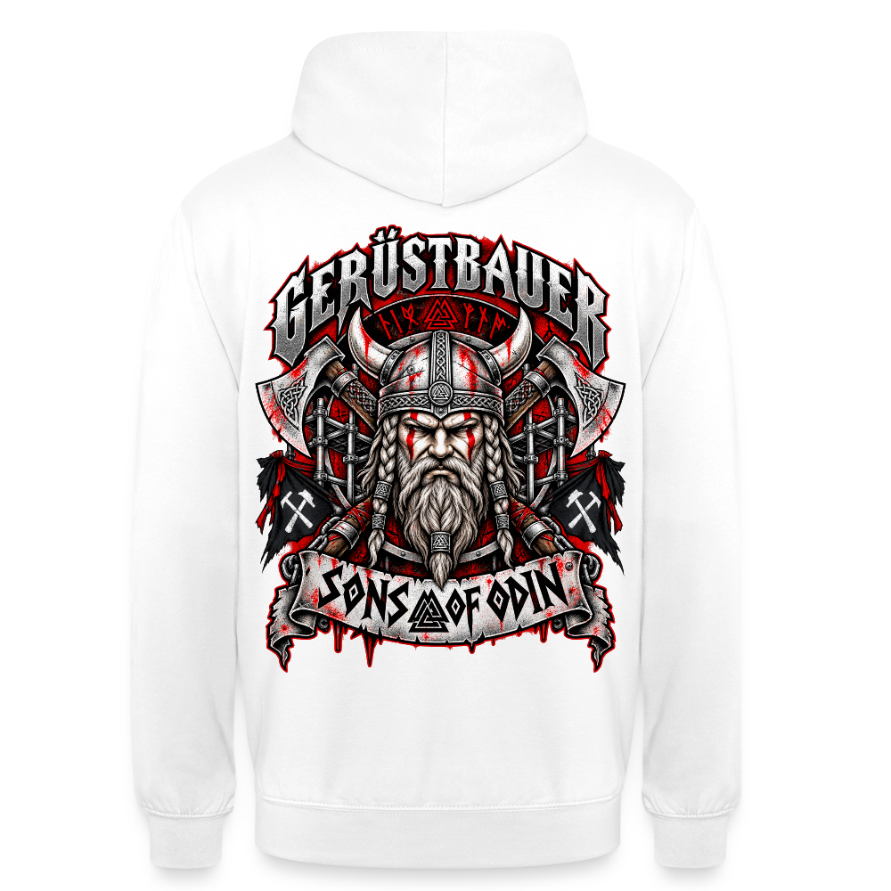 Gerüstbauer Viking – Gerüstbauer Hoodie in Weiß, Rückendruck: Wikinger-Krieger mit Hörnerhelm und Äxten, Banner „Sons of Odin“