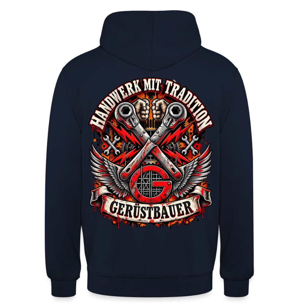 Gerüstbauer Handwerk mit Tradition – Gerüstbauer Hoodie in Navy, Rückendruck: gekreuzte Ratschen mit Flügeln über rotem G-Zunftzeichen, Schriftzug „Handwerk mit Tradition“ und Banner „Gerüstbauer“