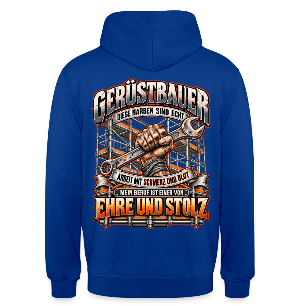 Gerüstbauer – Gerüstbauer Hoodie in Royalblau, Rückendruck: Faust mit Ringschlüssel vor Gerüst, Spruch „Diese Narben sind echt – Ehre und Stolz“