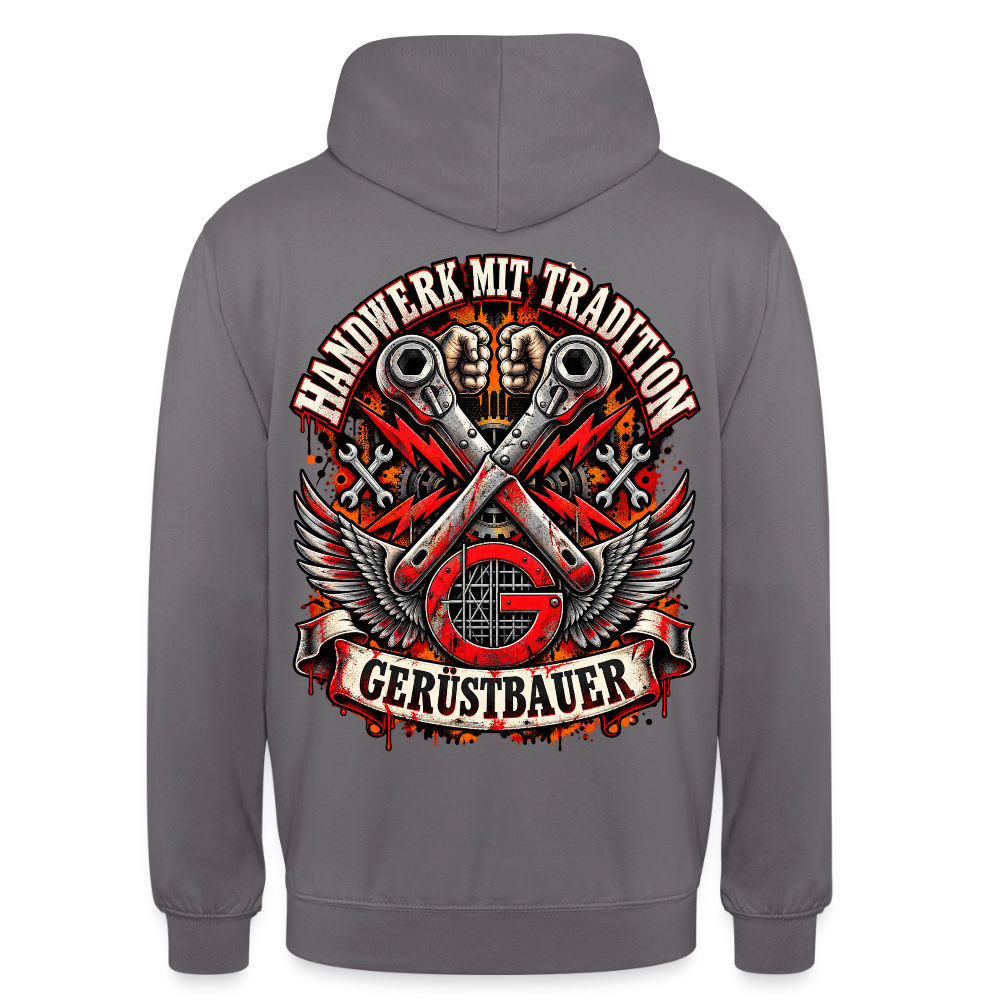 Gerüstbauer Handwerk mit Tradition – Gerüstbauer Hoodie in Mittelgrau, Rückendruck: gekreuzte Ratschen mit Flügeln über rotem G-Zunftzeichen, Schriftzug „Handwerk mit Tradition“ und Banner „Gerüstbauer“