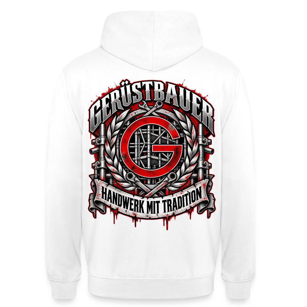 Gerüstbauer Zunftzeichen – Gerüstbauer Hoodie in Weiß, Rückendruck: rotes G-Zunftzeichen mit Gerüst, Lorbeerkranz, Ratschen und Banner „Handwerk mit Tradition“
