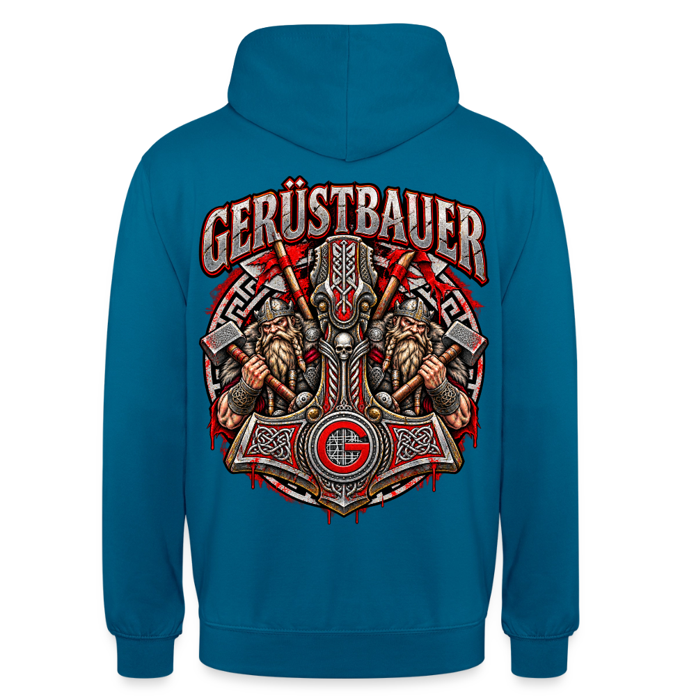 Gerüstbauer Thors Hammer – Gerüstbauer Hoodie in Tiefseeblau, Rückendruck: Thors Hammer mit G-Zunftzeichen und zwei Wikingern, Schriftzug „Gerüstbauer“
