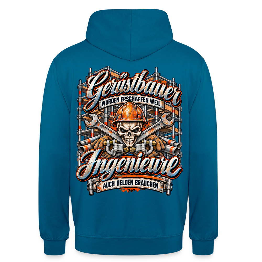 Gerüstbauer und Ingenieure – Gerüstbauer Hoodie in Tiefseeblau, Rückendruck: Totenkopf mit Helm vor gekreuzten Schlüsseln, Spruch „Gerüstbauer wurden erschaffen, weil Ingenieure auch Helden brauchen“