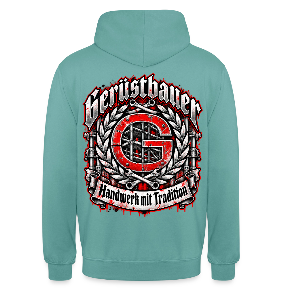 Gerüstbauer Zunft Wappen – Gerüstbauer Hoodie in Pastelltürkis, Rückendruck: rotes G-Zunftwappen mit Gerüst im Lorbeerkranz, Frakturschrift „Gerüstbauer“, Banner „Handwerk mit Tradition“