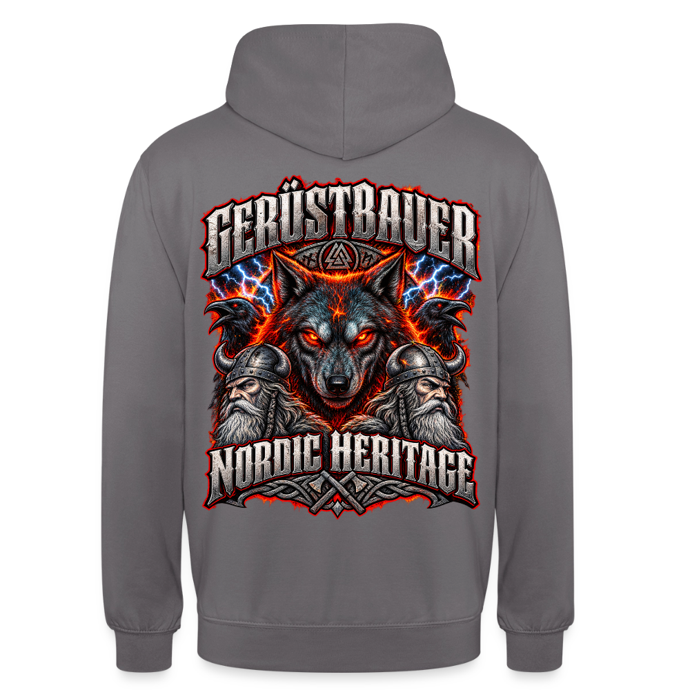 Gerüstbauer Nordic Heritage – Gerüstbauer Hoodie in Mittelgrau, Rückendruck: Wolf vor Flammen und Blitzen, zwei Raben, Wikinger und Schriftzug „Nordic Heritage“