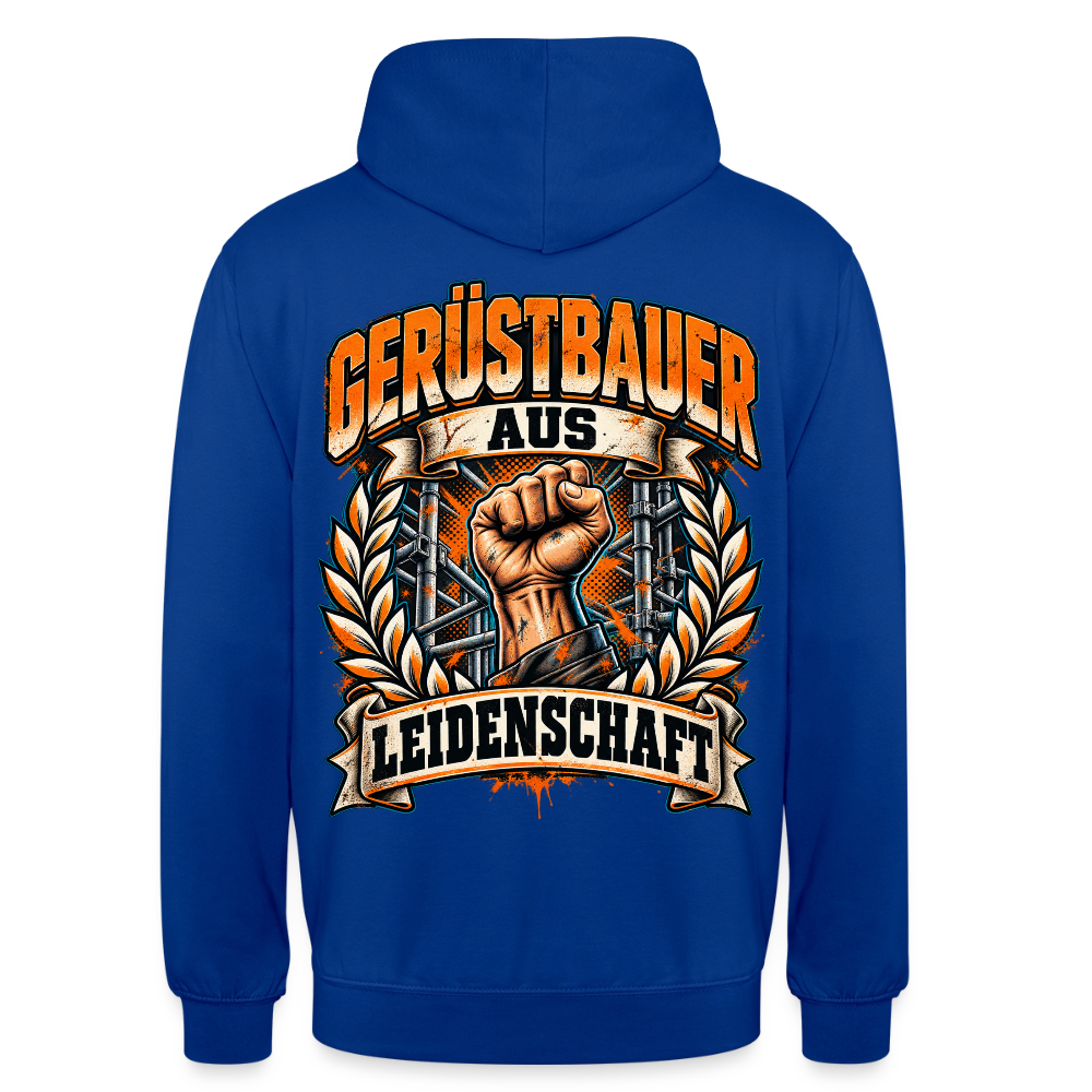 Gerüstbauer aus Leidenschaft – Gerüstbauer Hoodie in Royalblau, Rückendruck: geballte Faust im Lorbeerkranz vor Gerüst, Schriftzug „Gerüstbauer aus Leidenschaft“
