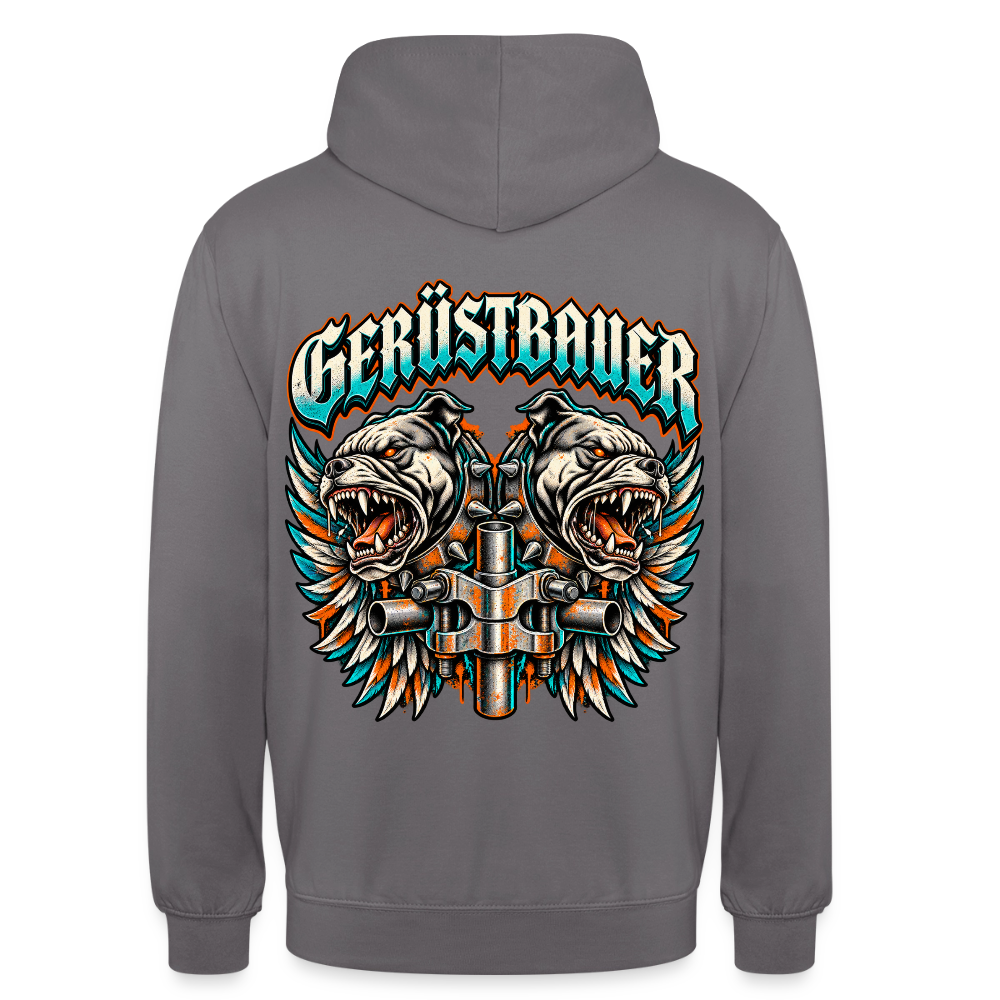 Gerüstbauer Dogs – Gerüstbauer Hoodie in Mittelgrau, Rückendruck: zwei knurrende Bulldoggen mit Flügeln und Gerüstkupplung, Schriftzug „Gerüstbauer“