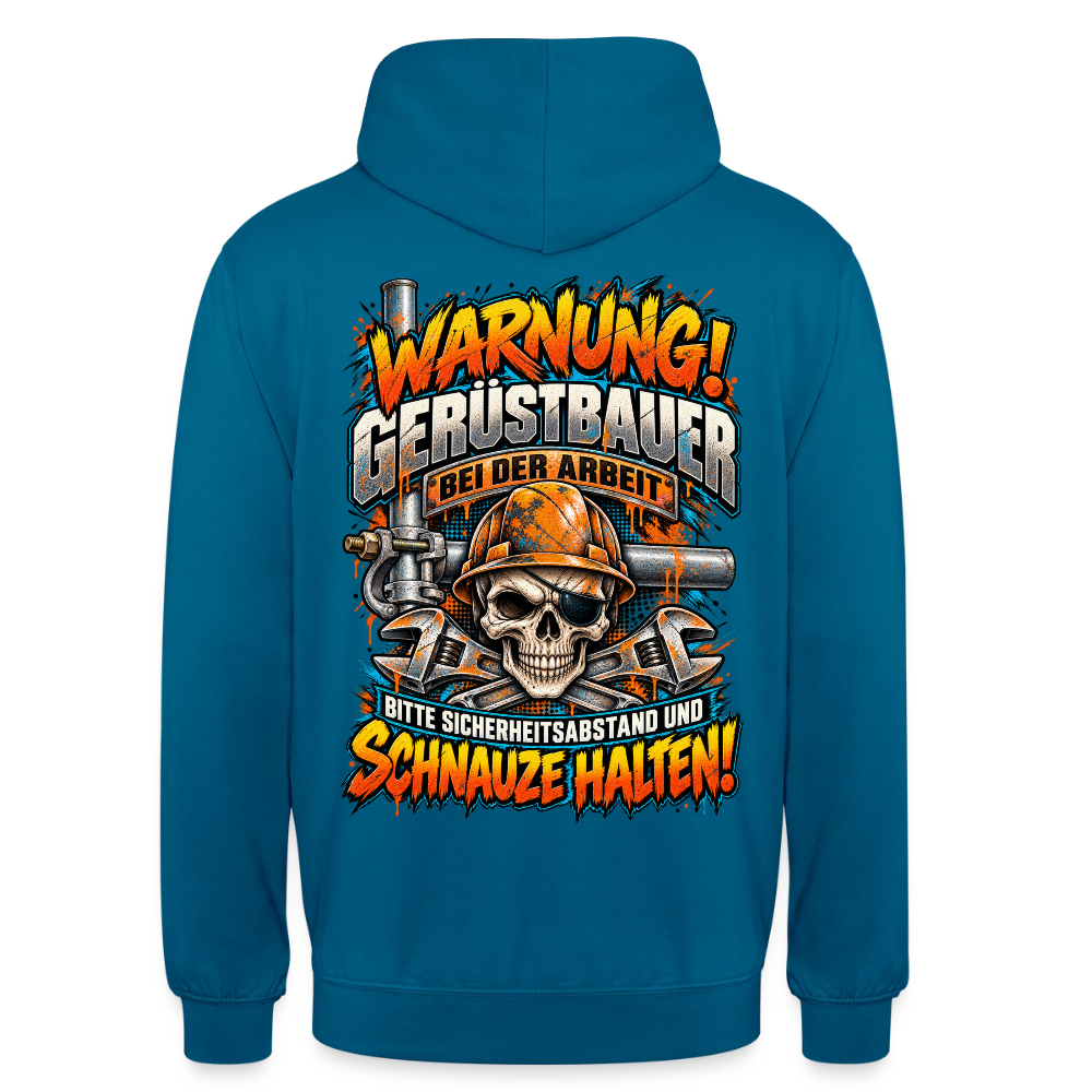 Warnung! Gerüstbauer bei der Arbeit – Gerüstbauer Hoodie in Tiefseeblau, Rückendruck: Totenkopf mit Augenklappe und Helm, Spruch „Warnung! Gerüstbauer bei der Arbeit – bitte Sicherheitsabstand und Schnauze halten!“
