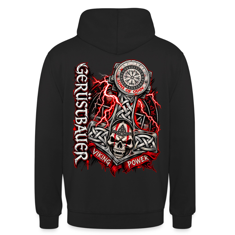 Gerüstbau Viking – Gerüstbauer Hoodie in Schwarz, Rückendruck: Thors Hammer mit Totenkopf, Blitzen und Schriftzug „Viking Power“