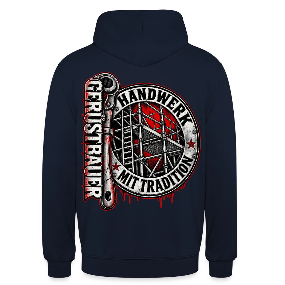 Gerüstbauer Ratsche Badge – Gerüstbauer Hoodie in Navy, Rückendruck: rundes Gerüst-Abzeichen „Handwerk mit Tradition“ und große Ratsche mit Schriftzug „Gerüstbauer“