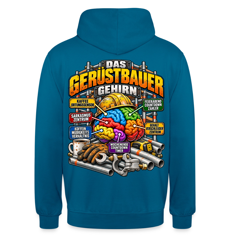 Das Gerüstbauer Gehirn – Gerüstbauer Hoodie in Tiefseeblau, Rückendruck: buntes Gehirn mit Helm und Beschriftungen wie „Kaffee-Ortungssensor“ und „Sarkasmus-Zentrum“, Schriftzug „Das Gerüstbauer Gehirn“