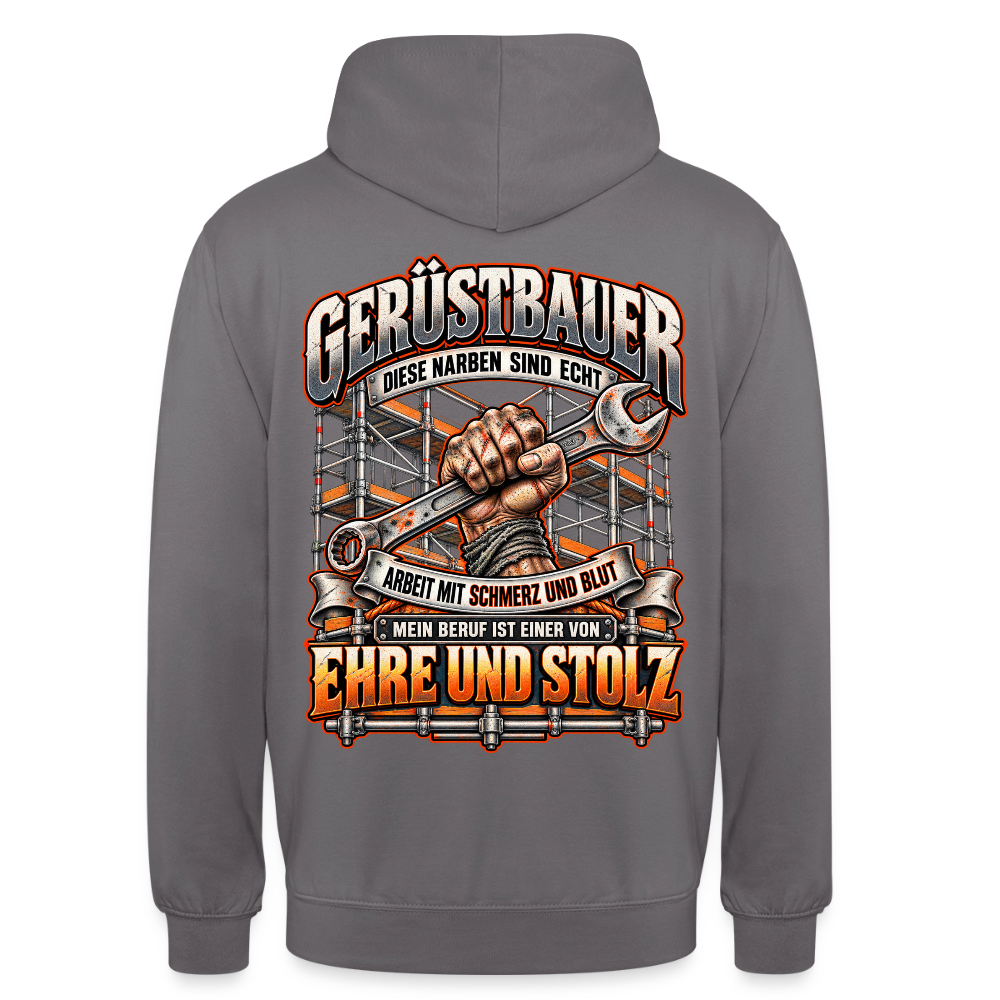 Gerüstbauer – Gerüstbauer Hoodie in Mittelgrau, Rückendruck: Faust mit Ringschlüssel vor Gerüst, Spruch „Diese Narben sind echt – Ehre und Stolz“