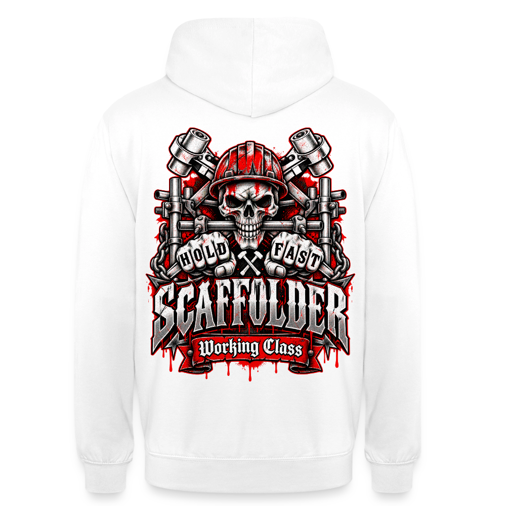 Scaffolder Hold Fast – Gerüstbauer Hoodie in Weiß, Rückendruck: Totenkopf mit rotem Helm und Gerüstrohr zwischen den Zähnen, Fäuste „Hold Fast“, Banner „Scaffolder – Working Class“