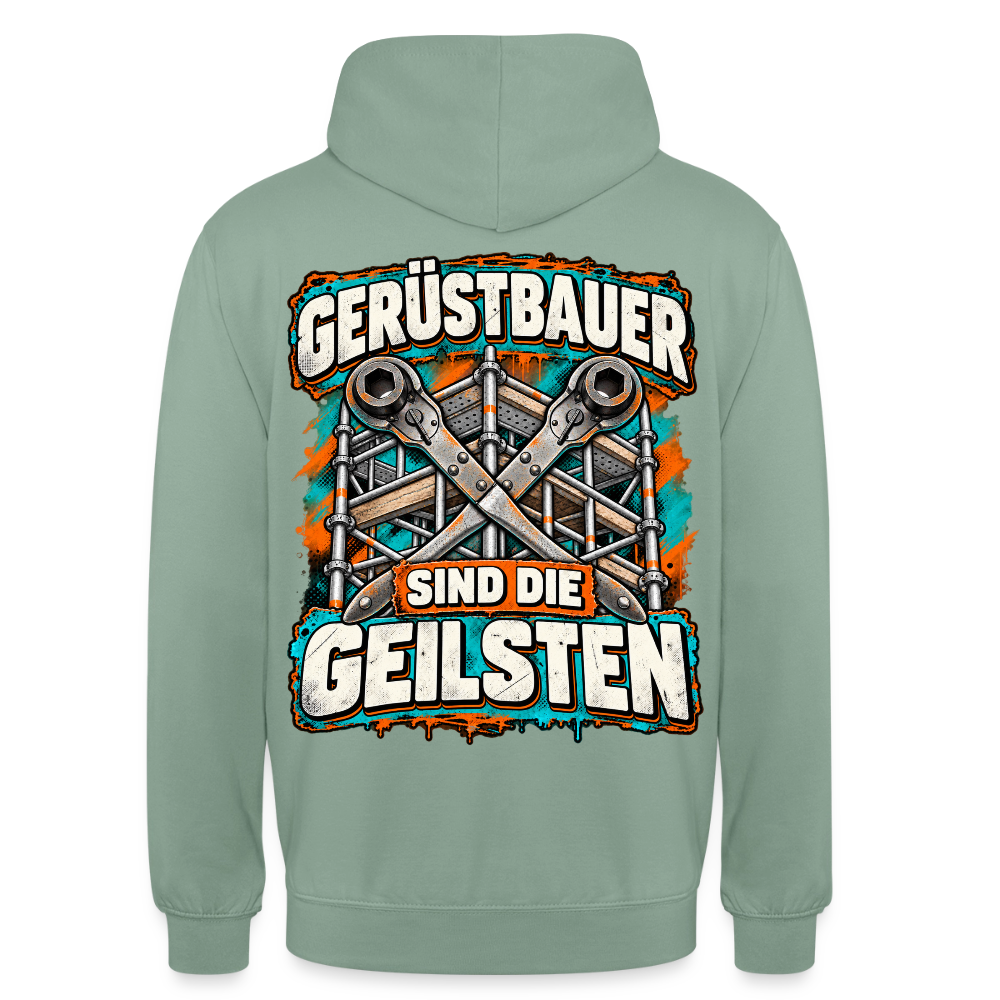 Gerüstbauer sind die Geilsten – Gerüstbauer Hoodie in Graugrün, Rückendruck: Spruch „Gerüstbauer sind die Geilsten“ mit gekreuzten Ratschen vor Gerüst