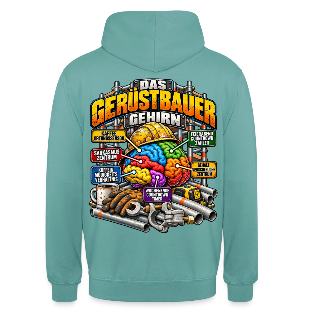 Das Gerüstbauer Gehirn – Gerüstbauer Hoodie in Pastelltürkis, Rückendruck: buntes Gehirn mit Helm und Beschriftungen wie „Kaffee-Ortungssensor“ und „Sarkasmus-Zentrum“, Schriftzug „Das Gerüstbauer Gehirn“