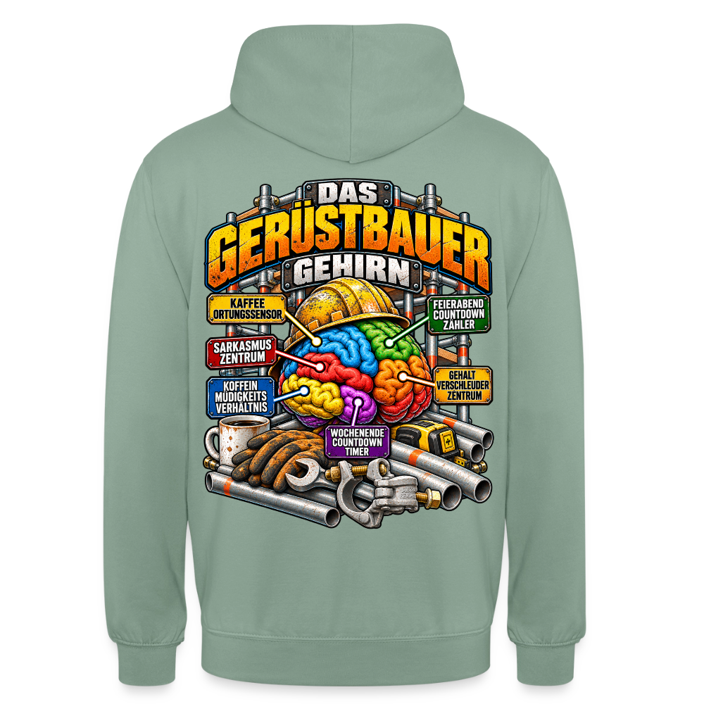 Das Gerüstbauer Gehirn – Gerüstbauer Hoodie in Graugrün, Rückendruck: buntes Gehirn mit Helm und Beschriftungen wie „Kaffee-Ortungssensor“ und „Sarkasmus-Zentrum“, Schriftzug „Das Gerüstbauer Gehirn“