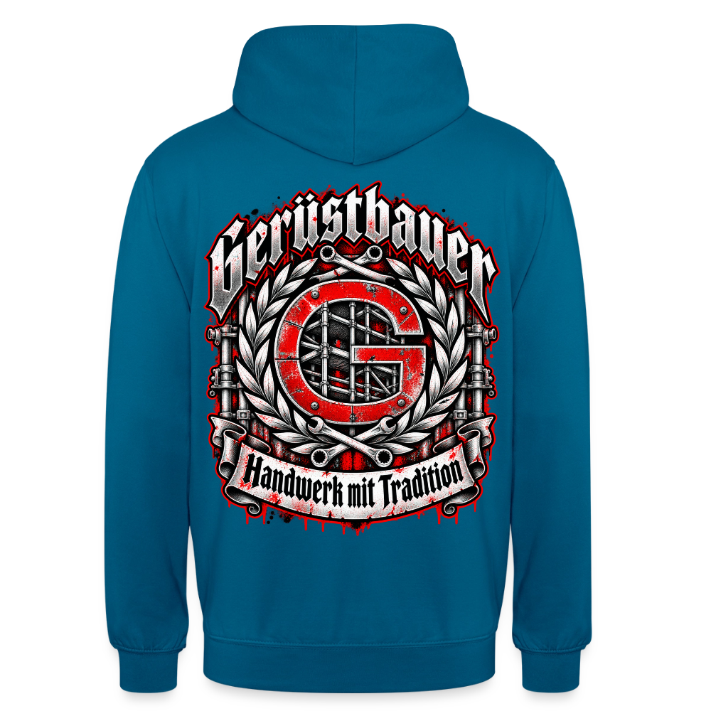 Gerüstbauer Zunft Wappen – Gerüstbauer Hoodie in Tiefseeblau, Rückendruck: rotes G-Zunftwappen mit Gerüst im Lorbeerkranz, Frakturschrift „Gerüstbauer“, Banner „Handwerk mit Tradition“